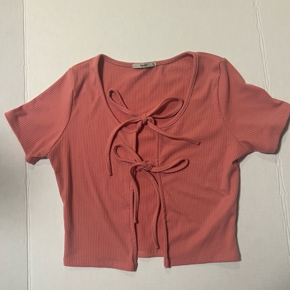 Women's Papaya Pink Tie-Front Top - Picture 2 of 5